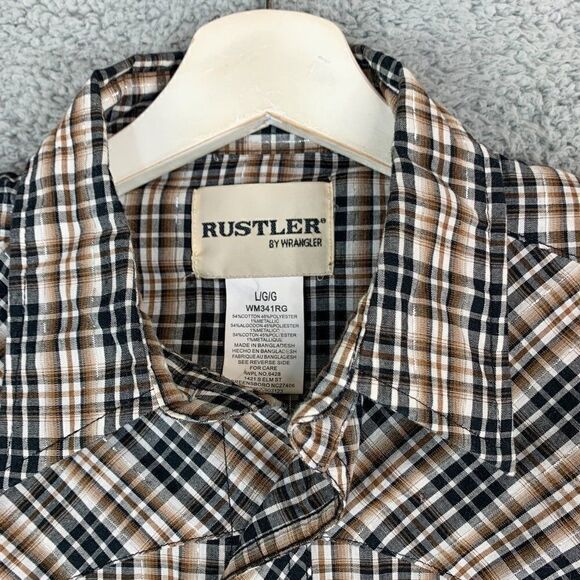 Rustler Wrangler Shirt Mens Large Tan Black Plaid Western Cowboy Pearl Snap Farm - Picture 2 of 12